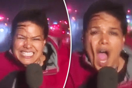 news reporter in heavy winds